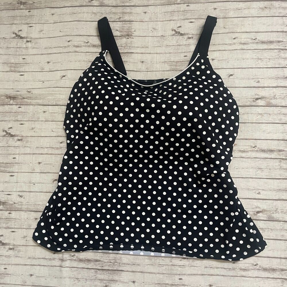 Lands' End Womens 14 Swimsuit Tankini Top Shelf Bra Polka Dot Print Black White